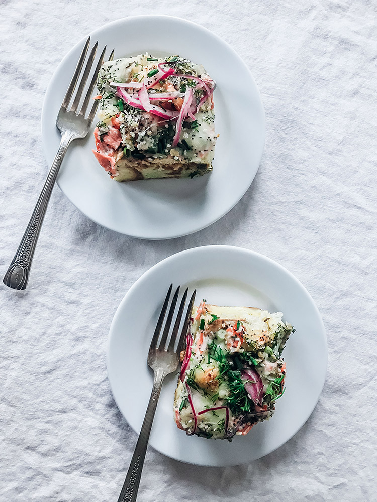Plated everything bagel strata